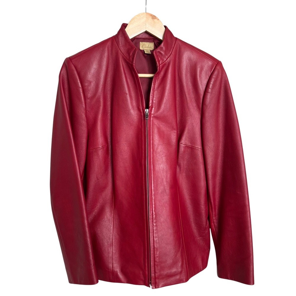 Vintage Red Caslon 100% Genuine Lambskin Leather Sleek Fitted Zip Jacket SZ S